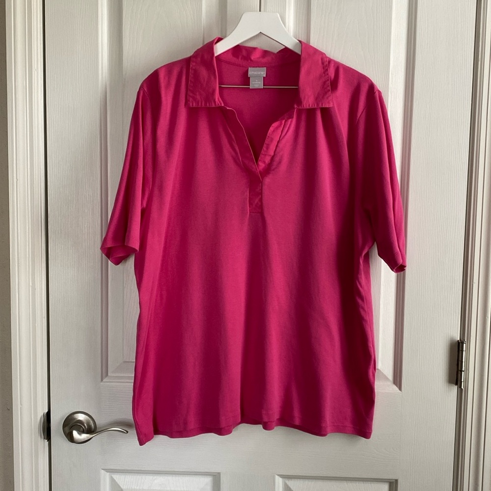 Chico’s Womens Bright Pink V-Neck Collared Knit Short Sleeve Top Size XXL